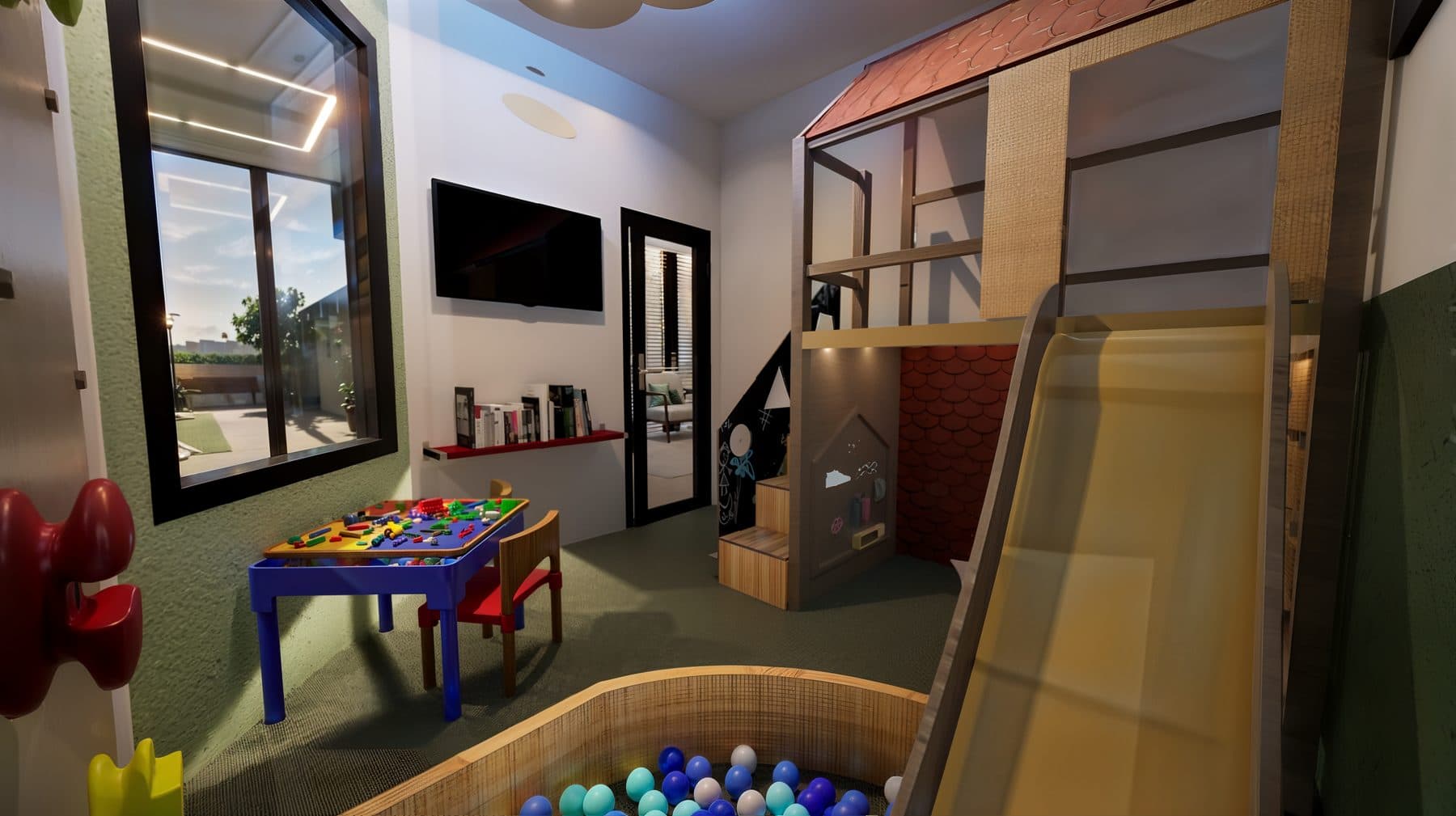 Brinquedoteca com casinha, escorregador e piscina de bolinhas