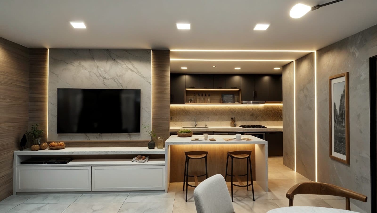 Sala de TV integrada à cozinha com bancada