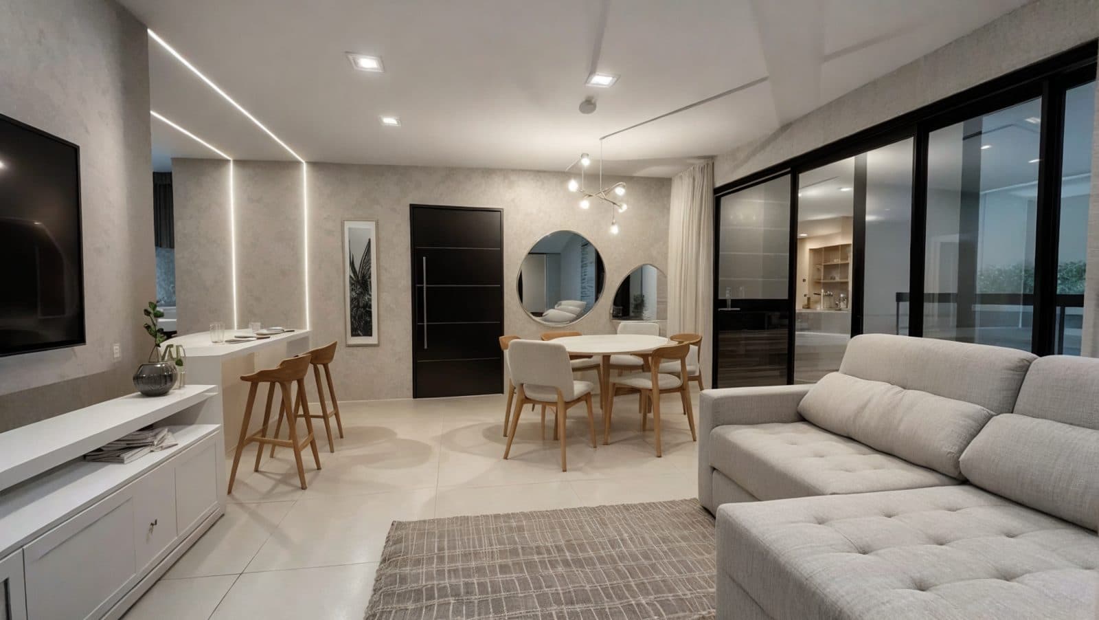 Living com sala de jantar integrada e porta de vidro para a varanda