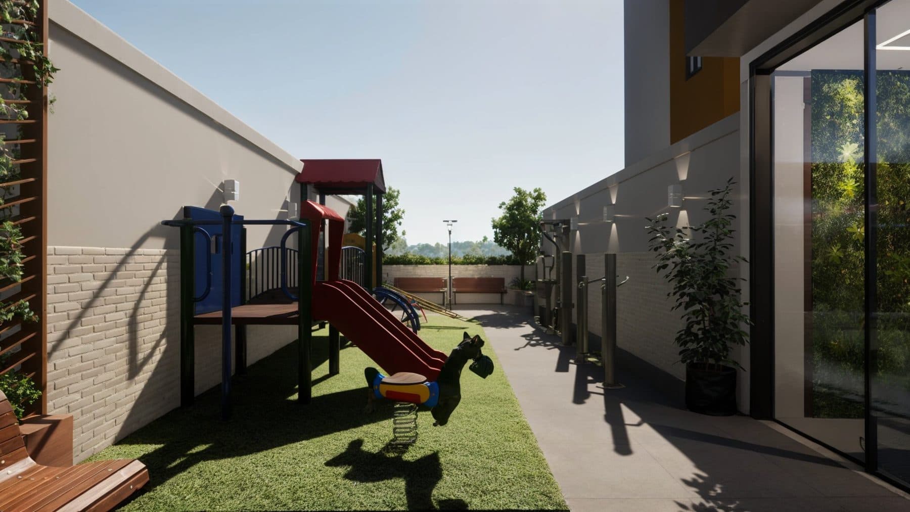 Playground com gramado, escorregador e brinquedos infantis