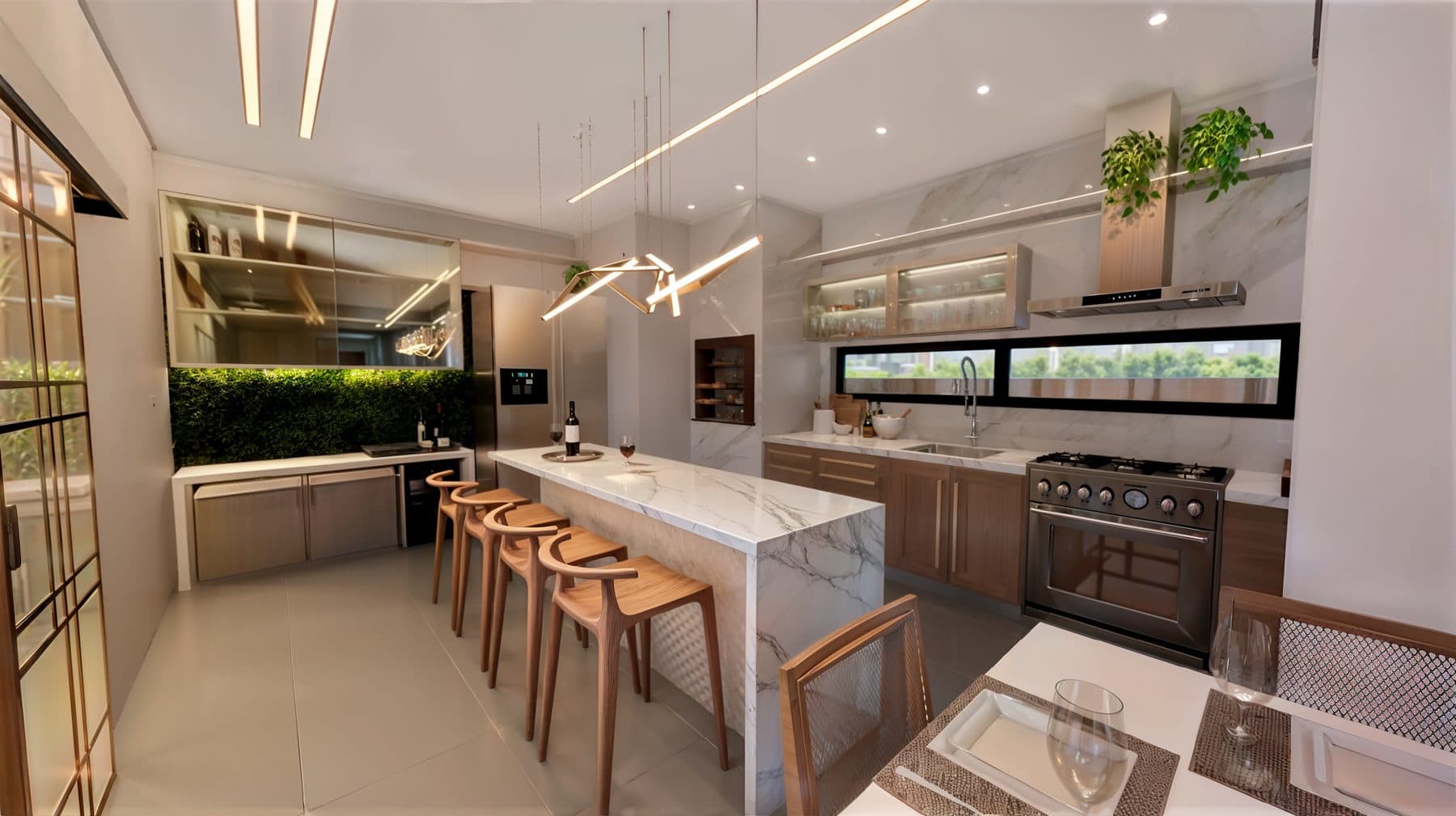 Salão gourmet com ilha de mármore, banquetas de madeira e jardim vertical