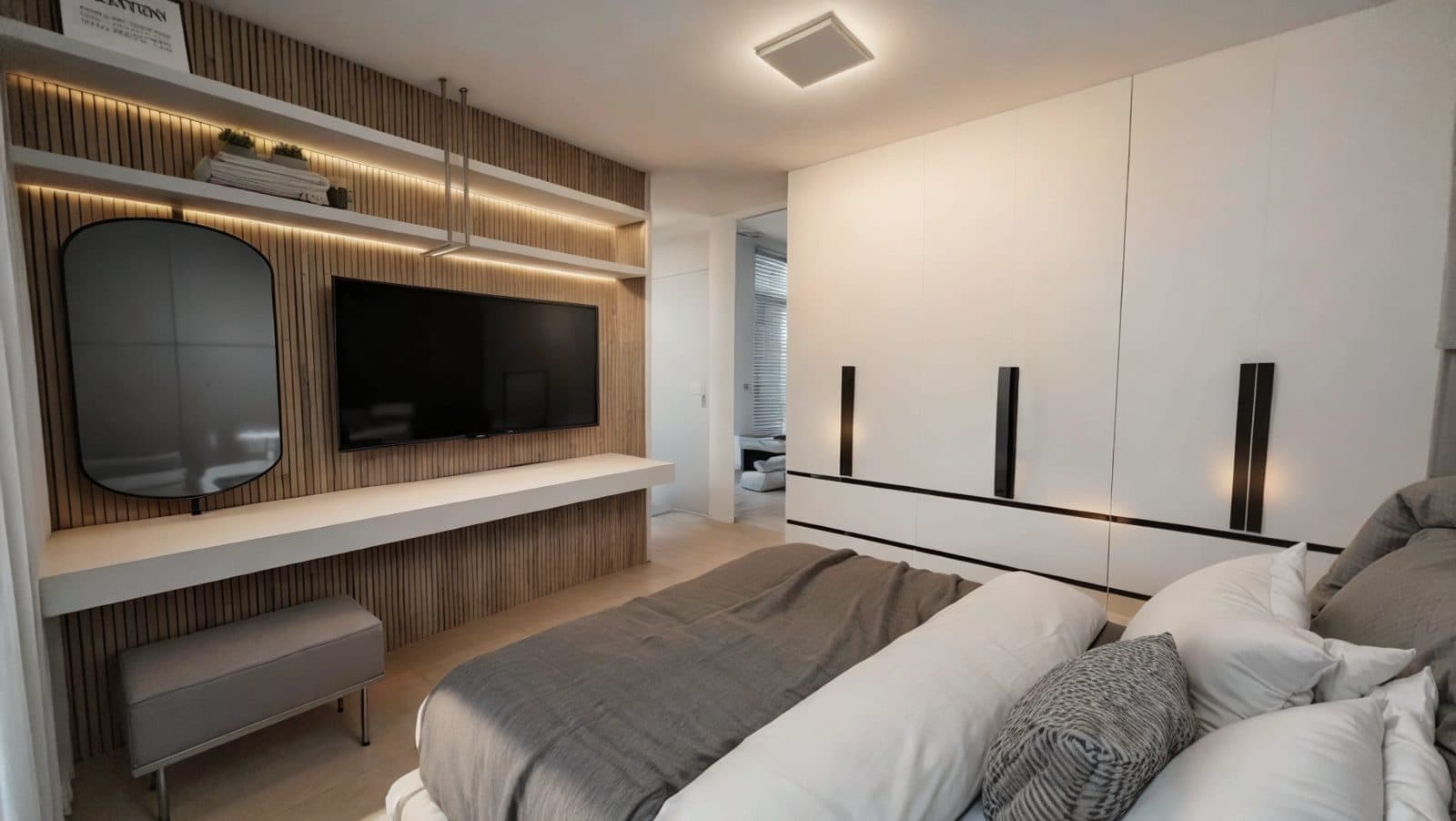 Suíte com painel ripado, TV e armário planejado