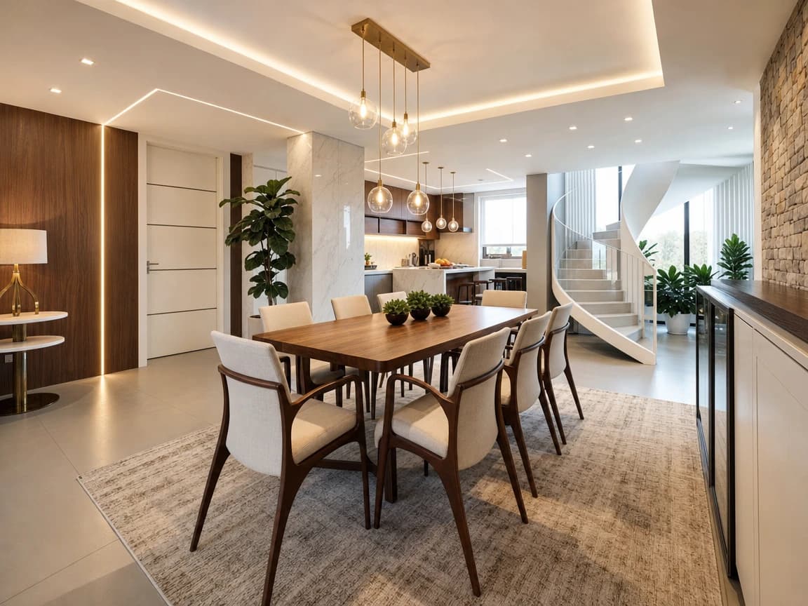 Sala de jantar com escada em caracol