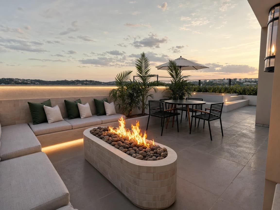 Lounge com lareira ao ar livre ao pôr do sol