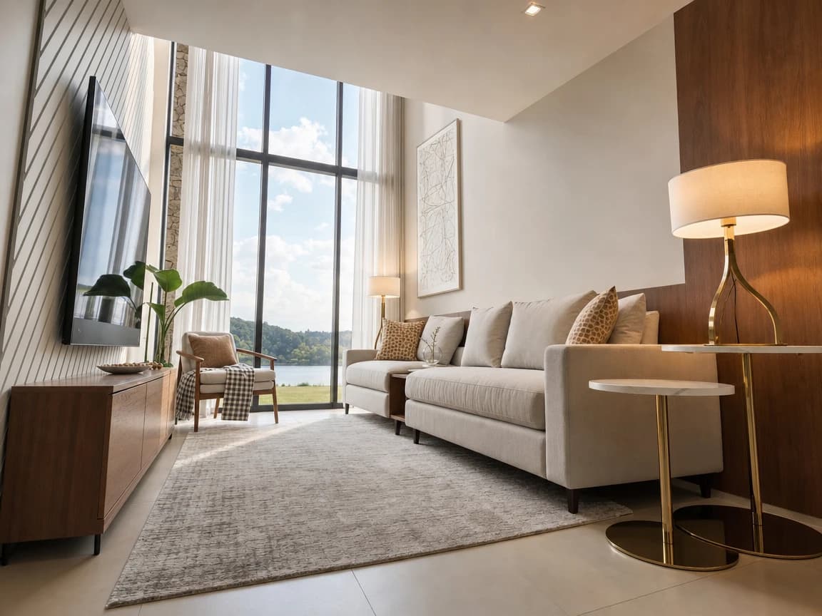 Sala de estar com vista para o lago