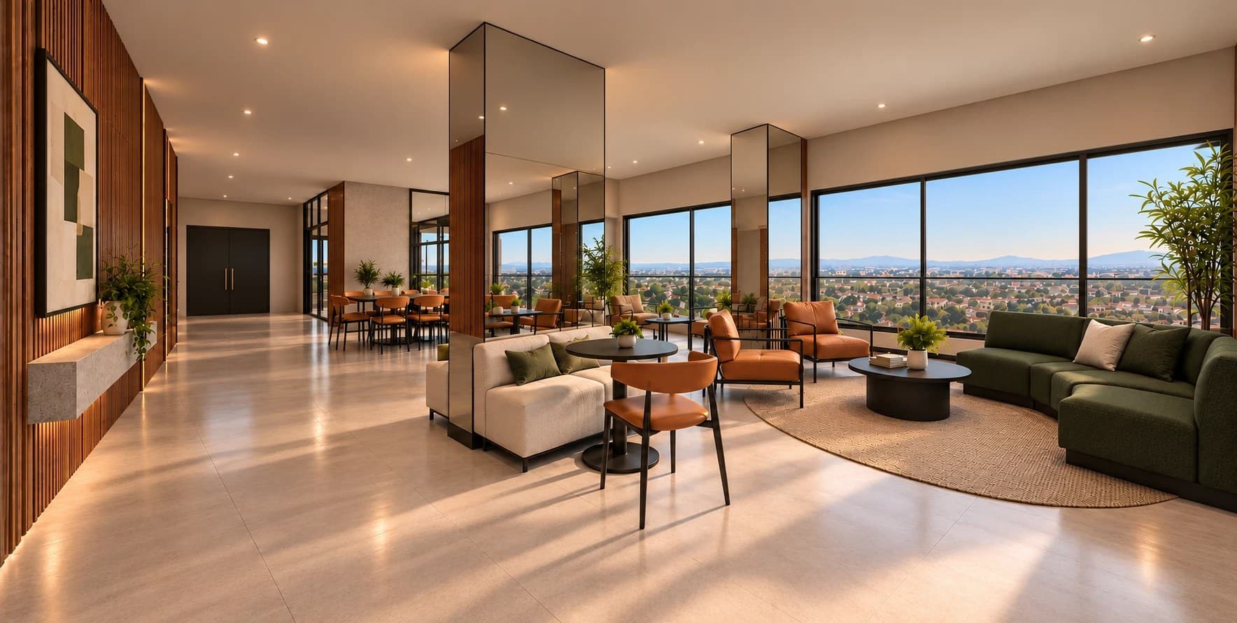 Coworking com sofás verdes, poltronas e mesas, com vista para a cidade