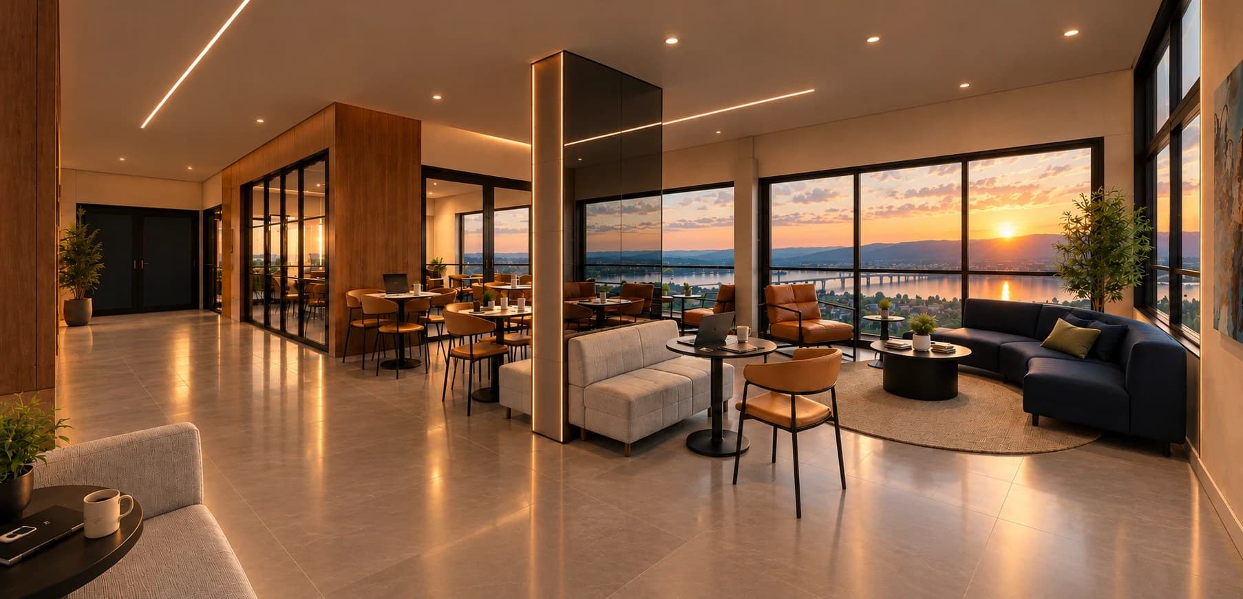 Lounge com sofás e mesas de trabalho, com vista para o rio ao pôr do sol