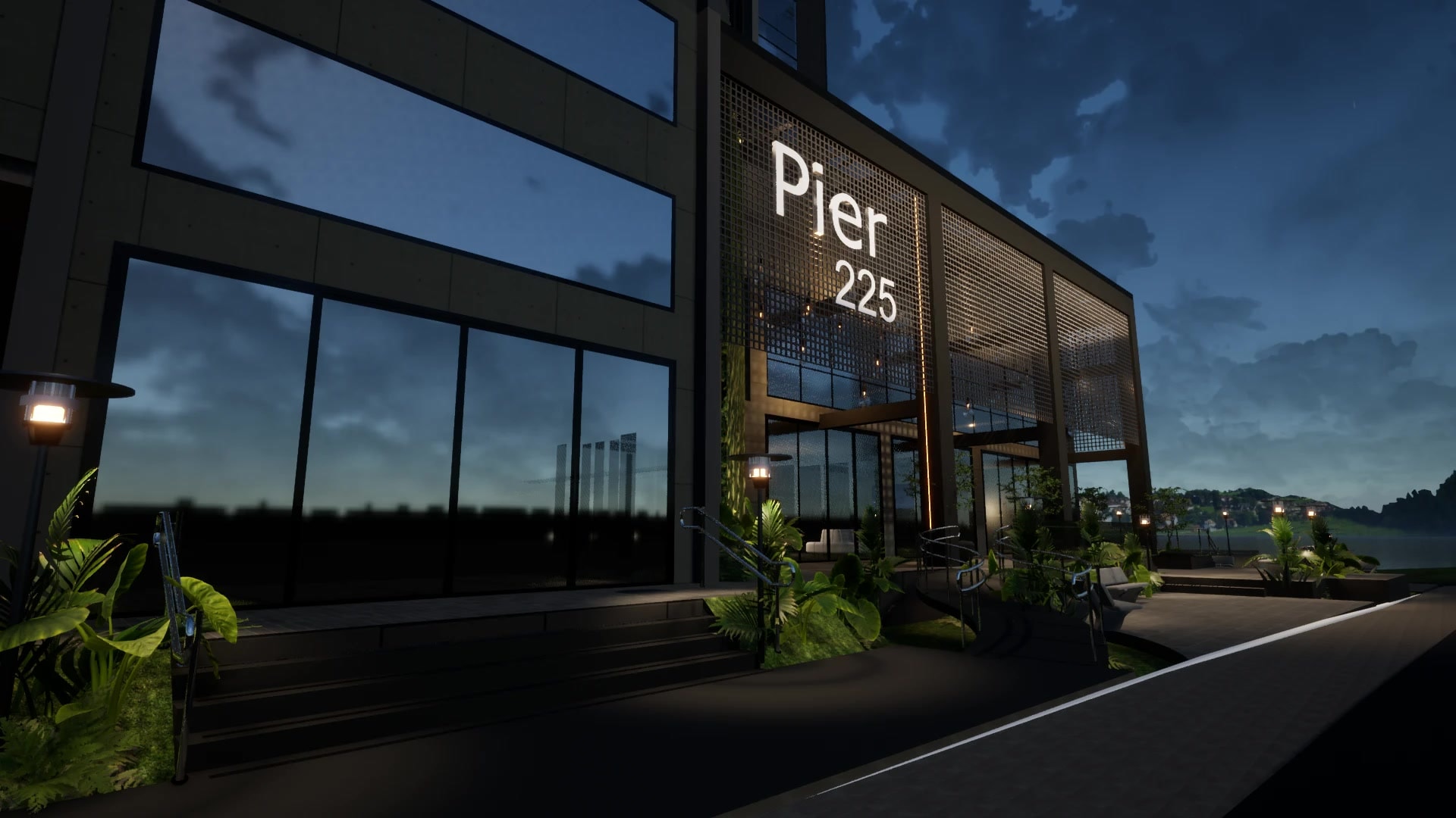 Entrada do Pier 225 à noite, com o letreiro iluminado na fachada