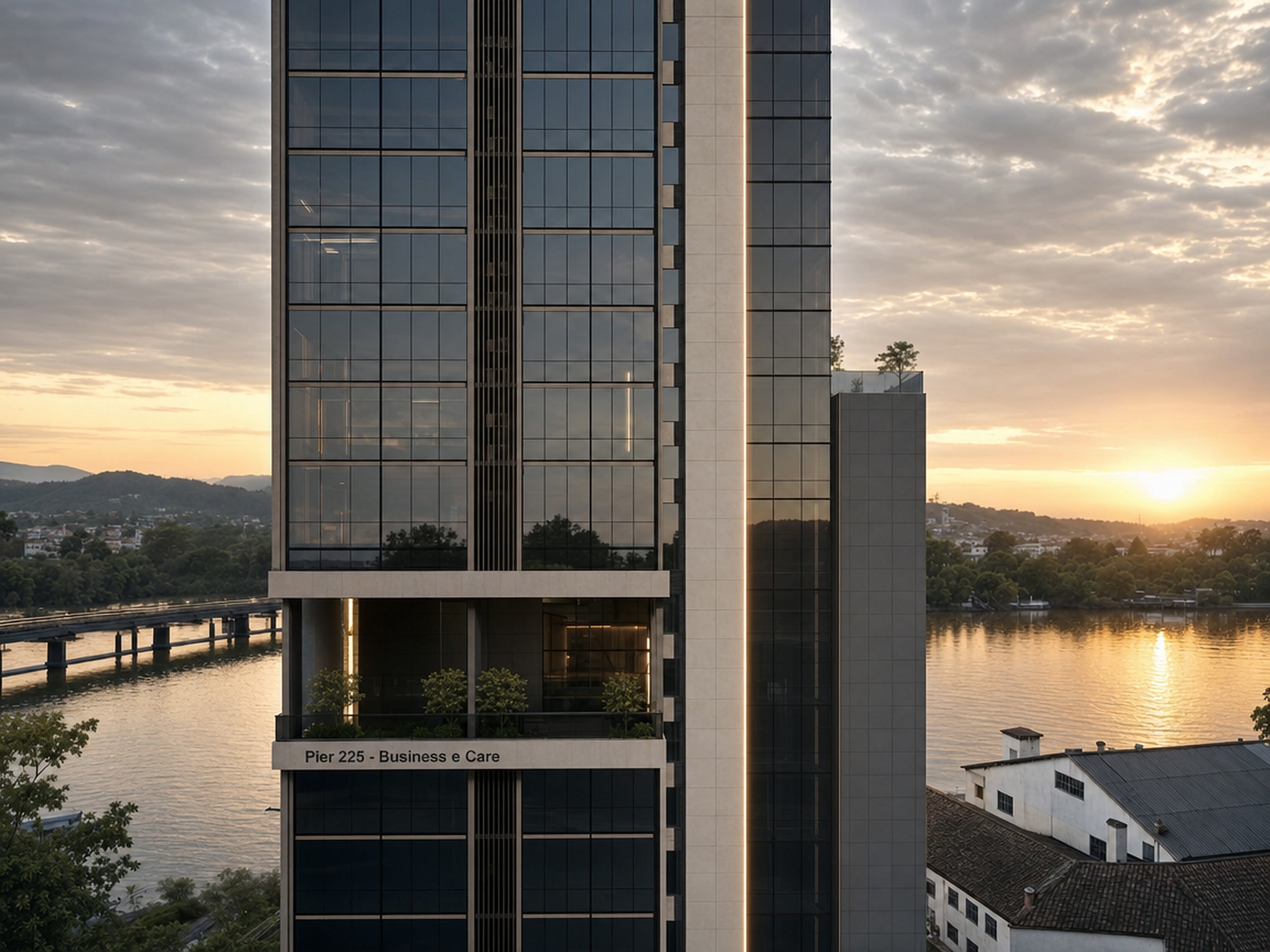 Fachada do Pier 225 ao pôr do sol, com o letreiro Pier 225 Business e Care e o rio ao fundo