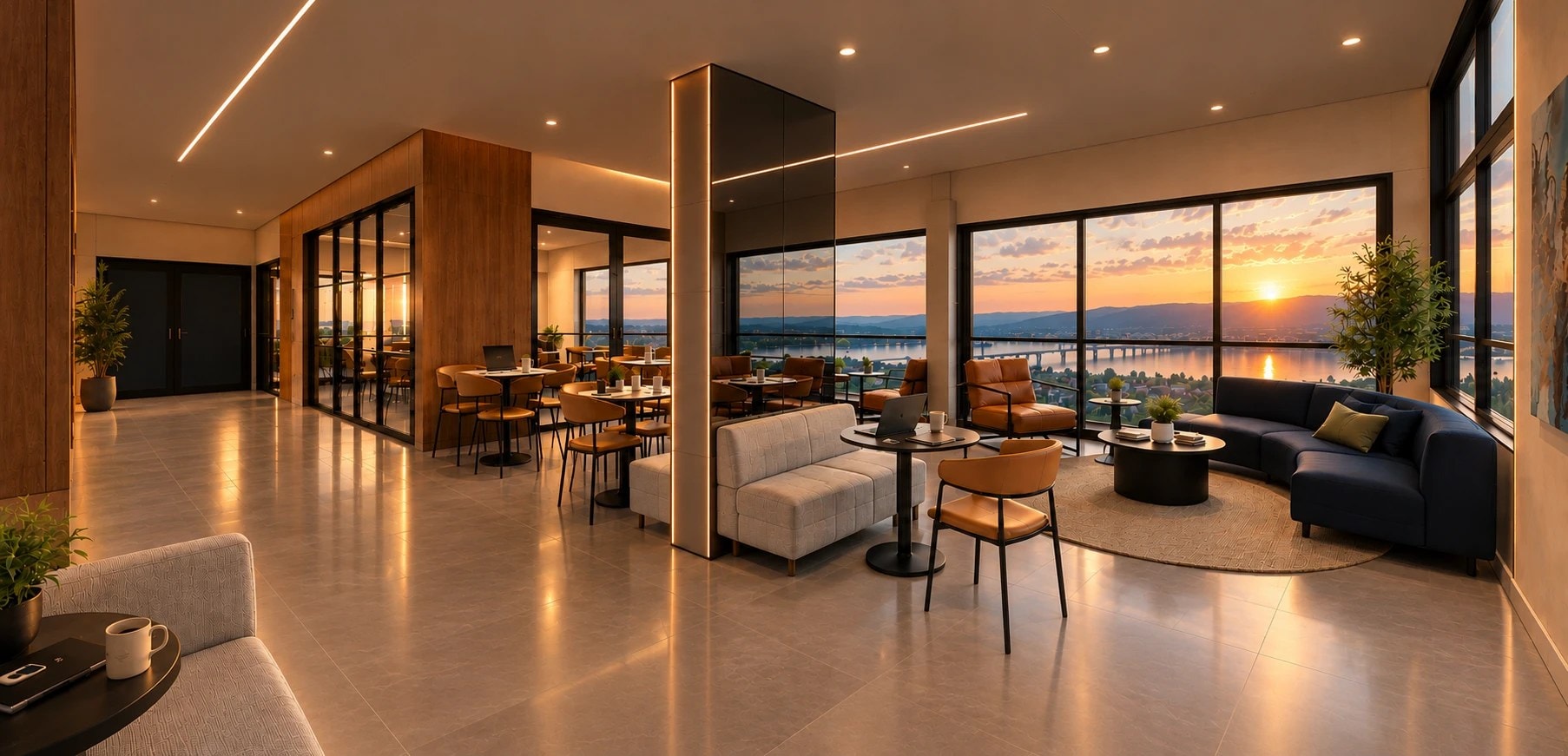 Lounge com sofás e mesas de trabalho, com vista para o rio ao pôr do sol