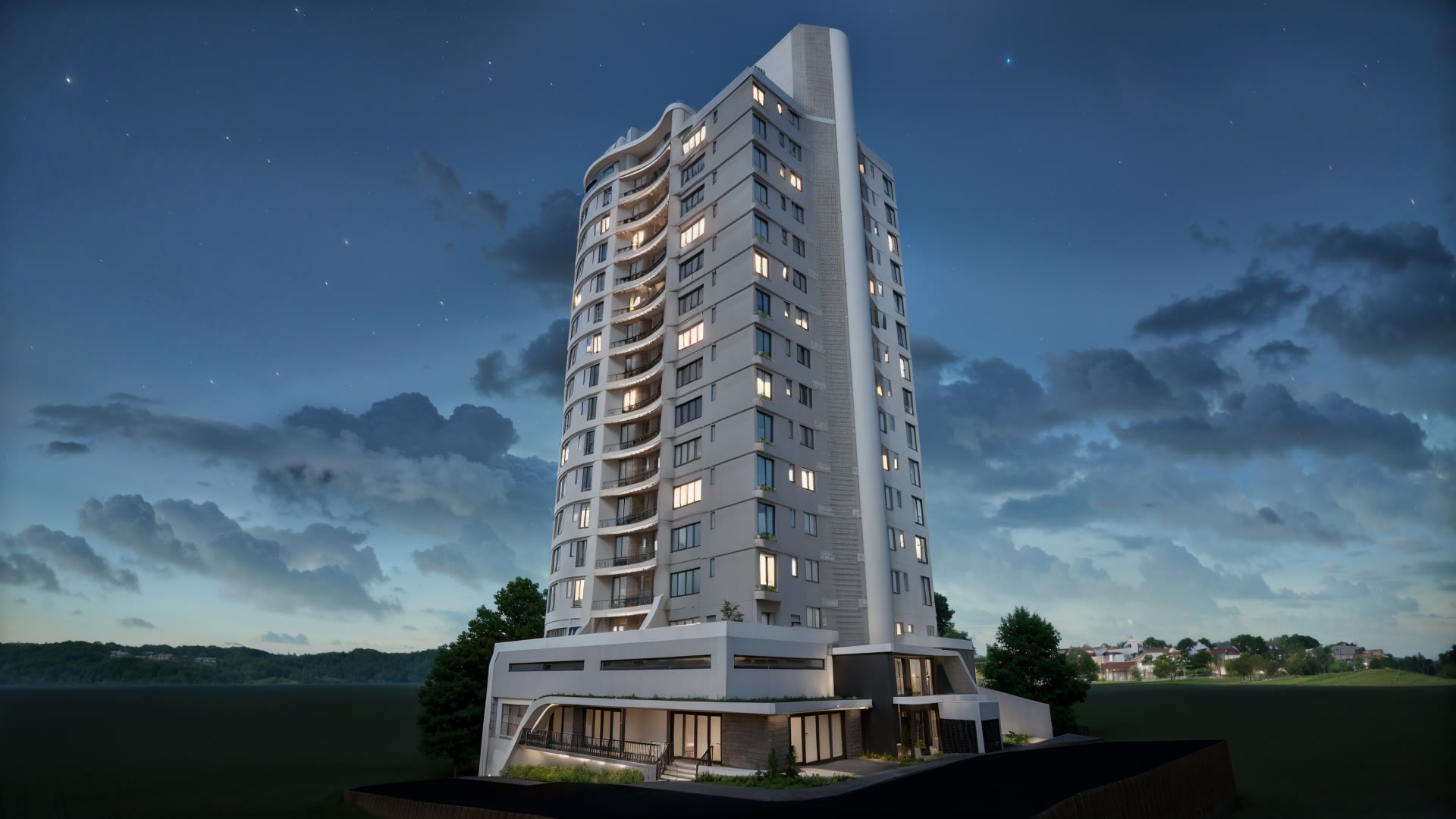 Render noturno da fachada do Upper Nest