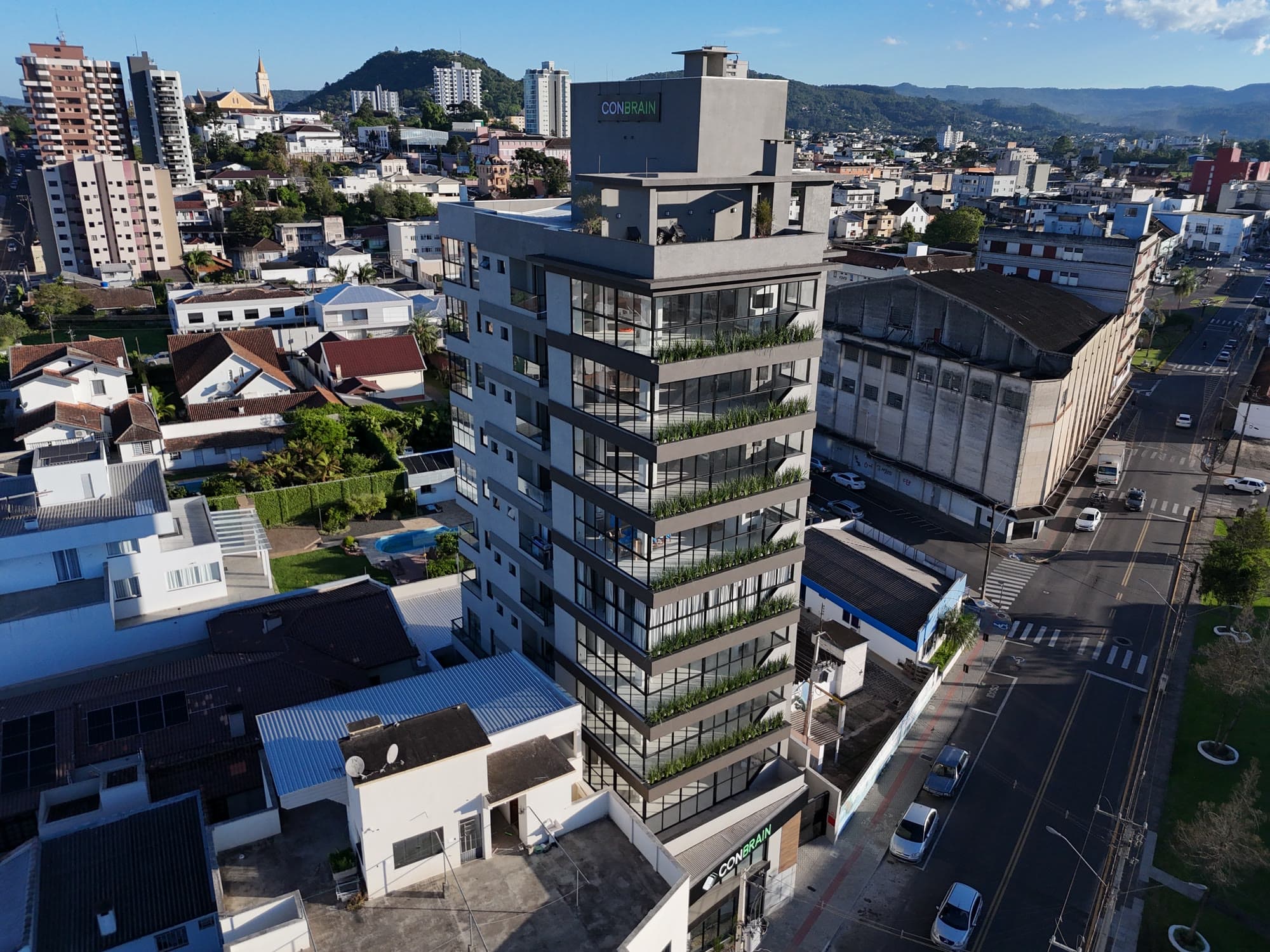 Vista aérea do Taiji na esquina, no Centro de Porto União